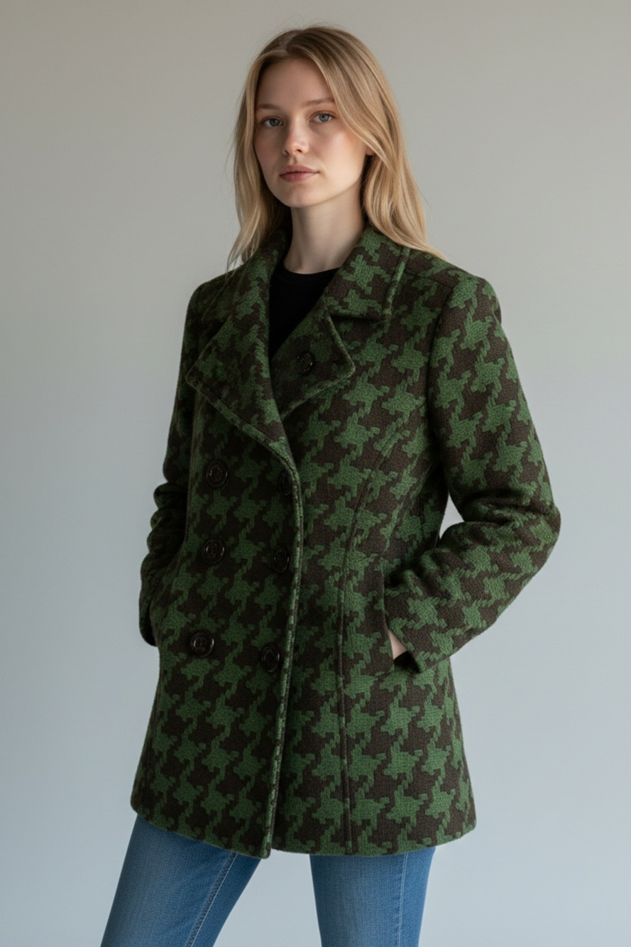 Forever Twentyone Green Black Houndstooth Double Breasted Pea Coat Jacket Size S